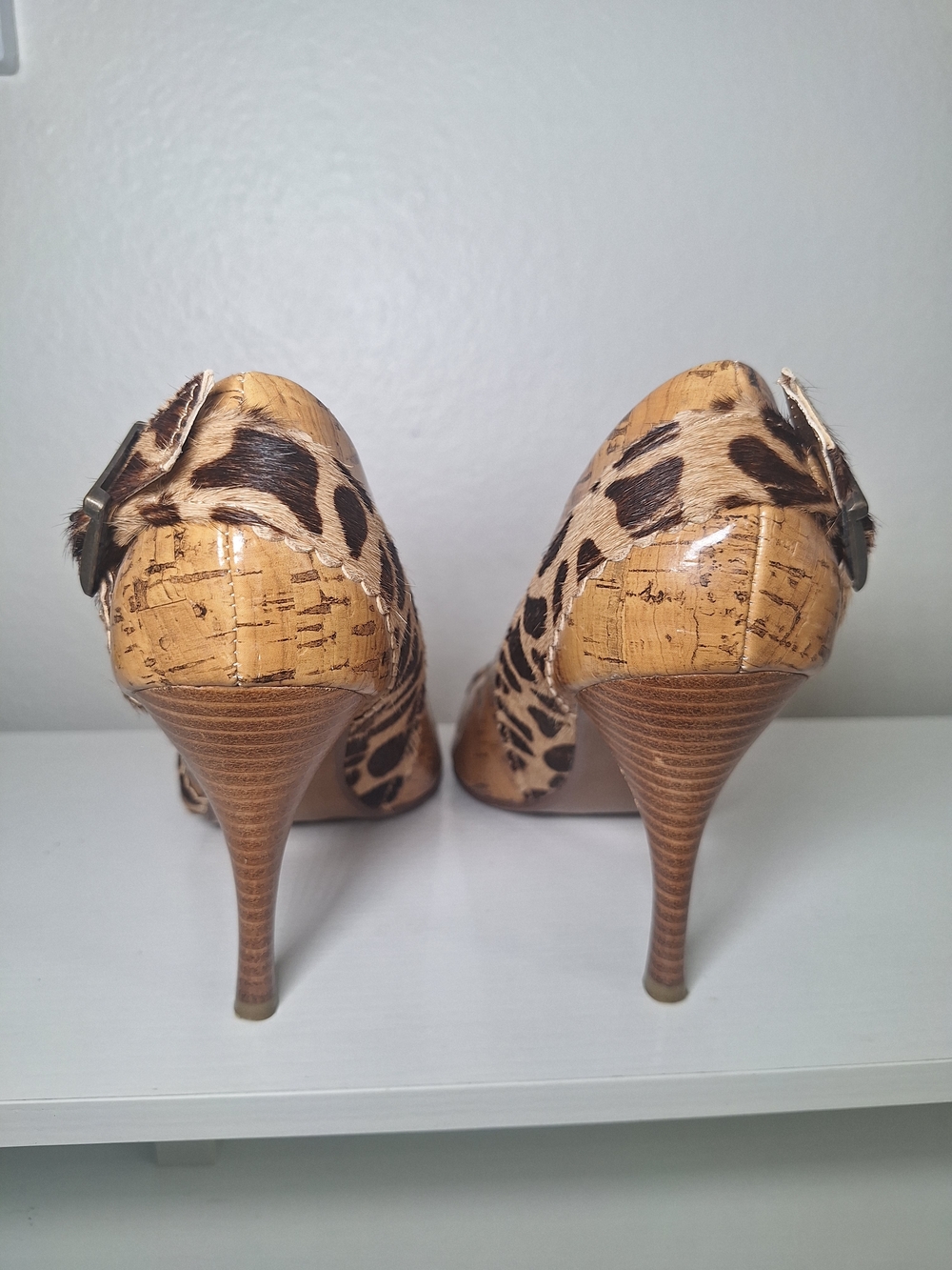 Naughty Monkey "Corkit" Leopard Cowhide Pumps | Vintage Y2K Cork Stiletto Buckle - Picture 5 of 8